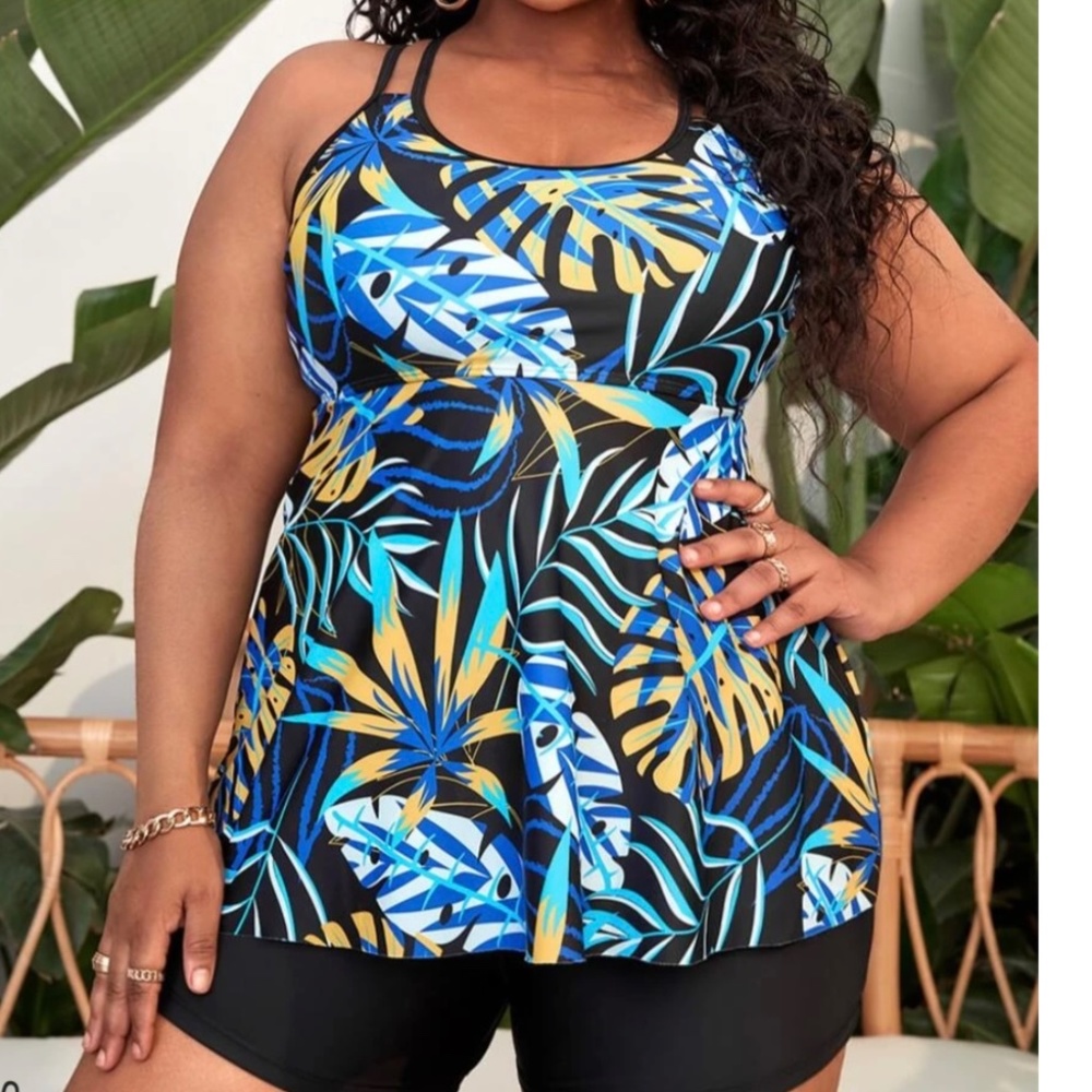 SHEIN Blue Black Yellow Tropical Boho Print Criss Cross Swimsuit Top Size 4XL - Picture 3 of 6